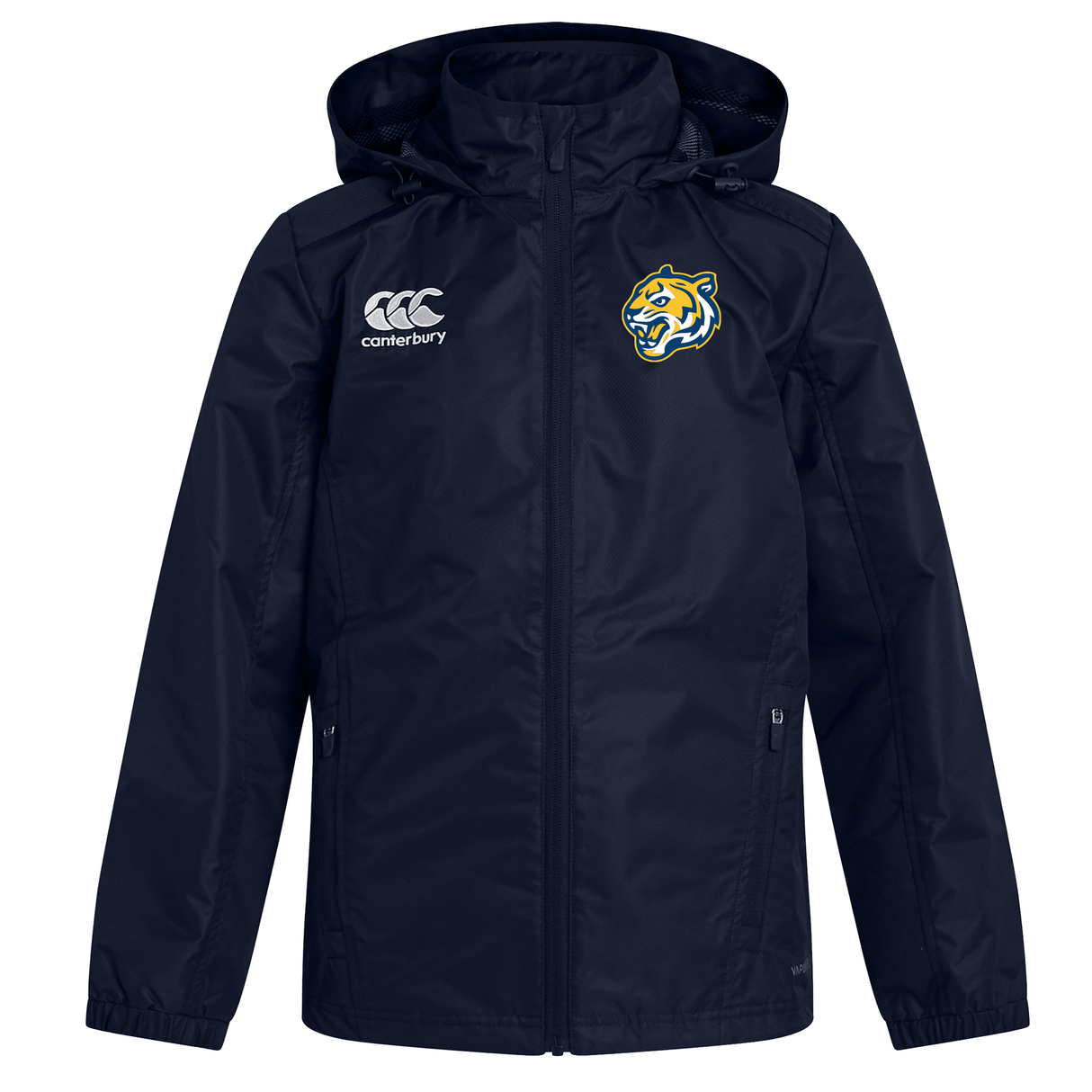 Navy blue Noble Street College Prep Club Vaposhield Full Zip rain jacket with a hood, featuring a logo on the right chest and a team emblem on the left by EMB Canterbury.