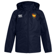 Navy blue Cincinnati Classical Academy Club Vaposhield Rugby Rain Jacket with a hood, featuring an EMB Canterbury logo on the right chest and a yellow emblem on the left chest, enhanced with VapoShield water-resistant technology.