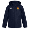 Navy blue Cincinnati Classical Academy Club Vaposhield Rugby Rain Jacket with a hood, featuring an EMB Canterbury logo on the right chest and a yellow emblem on the left chest, enhanced with VapoShield water-resistant technology.