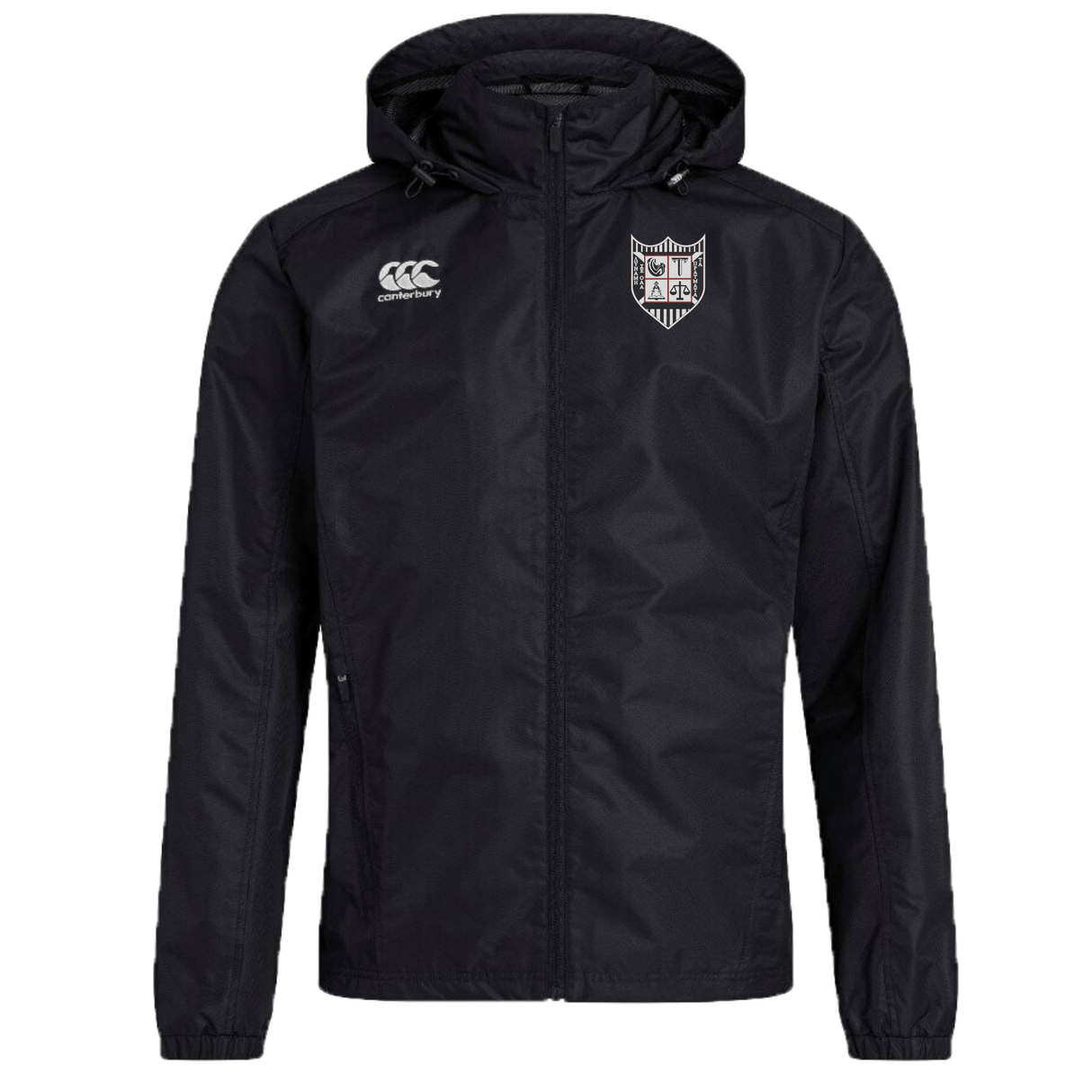 Black Troy University Rugby Club Vaposhield Full Zip Rain Jacket by EMB Canterbury featuring VapoShield water-resistant technology, with a hood and the brand logo on the right chest. This jacket also includes a shield emblem on the left and a lightweight mesh lining.