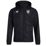 Black Troy University Rugby Club Vaposhield Full Zip Rain Jacket by EMB Canterbury featuring VapoShield water-resistant technology, with a hood and the brand logo on the right chest. This jacket also includes a shield emblem on the left and a lightweight mesh lining.