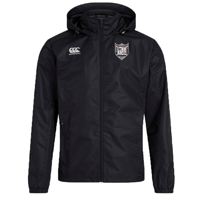Black Troy University Rugby Club Vaposhield Full Zip Rain Jacket by EMB Canterbury featuring VapoShield water-resistant technology, with a hood and the brand logo on the right chest. This jacket also includes a shield emblem on the left and a lightweight mesh lining.