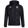 Black Troy University Rugby Club Vaposhield Full Zip Rain Jacket by EMB Canterbury featuring VapoShield water-resistant technology, with a hood and the brand logo on the right chest. This jacket also includes a shield emblem on the left and a lightweight mesh lining.