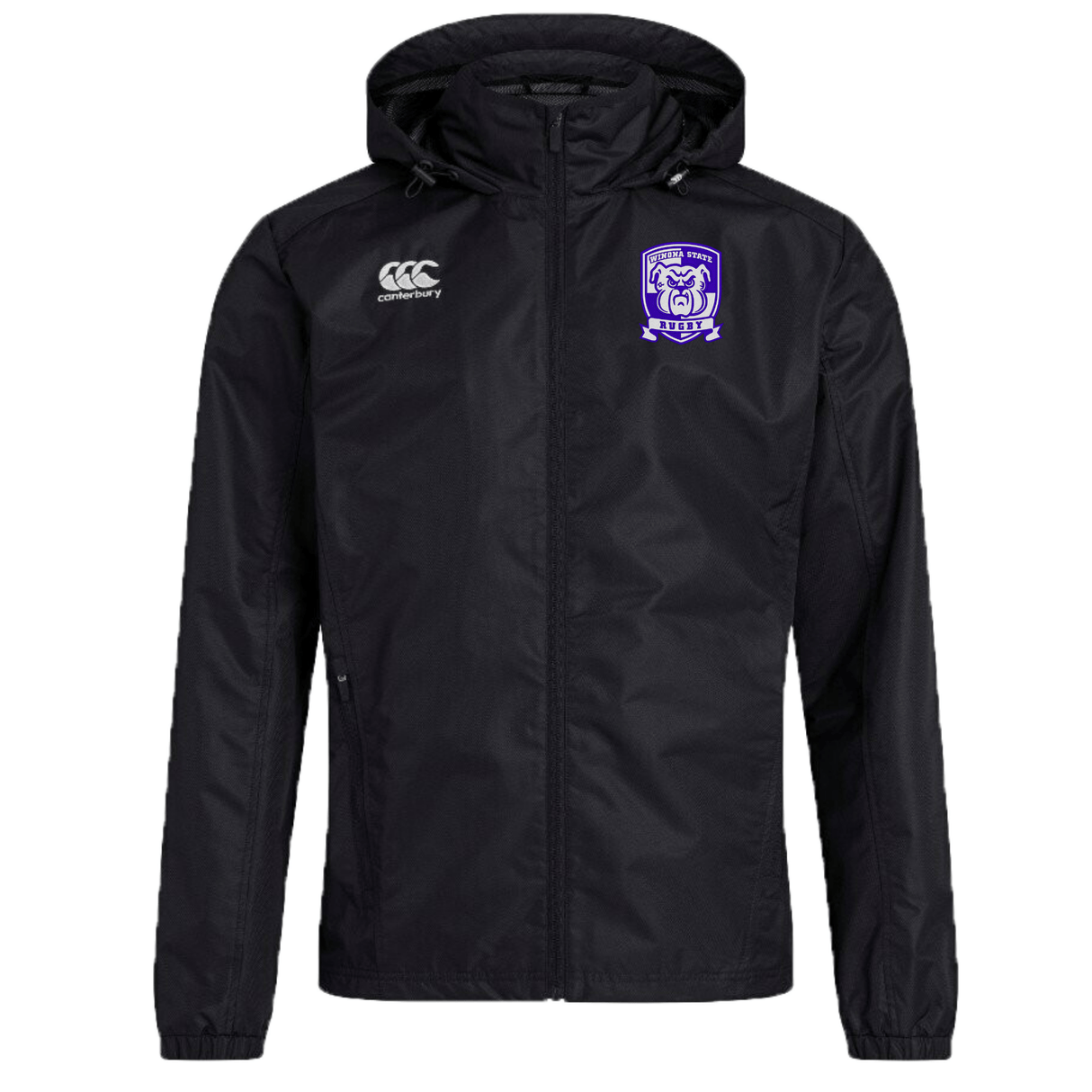 A black hooded Winona State University Club Vaposhield Full Zip Rain Jacket by EMB Canterbury with a white Canterbury logo on the right chest, a purple emblem on the left chest, and enhanced with VapoShield technology for water resistance.