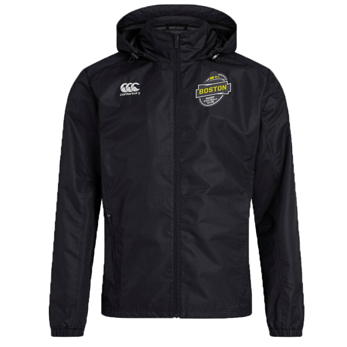 Black Boston RFC Club Vaposhield sports jacket with hood, displaying the CCC logo on the right chest by EMB Canterbury.
