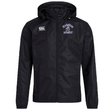 A black hooded jacket with a "Canterbury" logo on the right chest and "Knights Rugby" text with a knight figure on the left chest, featuring VapoShield water-resistant technology to keep you dry. This is the Ardrey Kell Rugby Club Vaposhield Full Zip Rain Jacket by EMB Canterbury.