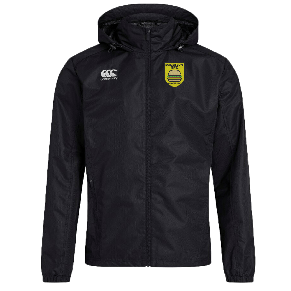 Black Burger Boys RFC Club Vaposhield rain jacket by EMB Canterbury featuring water-resistant technology, with a hood and logo on the chest, displayed against a white background.