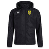 Black Burger Boys RFC Club Vaposhield rain jacket by EMB Canterbury featuring water-resistant technology, with a hood and logo on the chest, displayed against a white background.