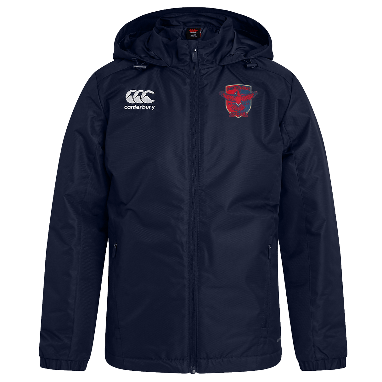 Navy blue Charlotte Cardinals Rugby Club Club Vaposhield Stadium Jacket with hood, featuring a CCC Rugby Club logo on the right chest and a red emblem on the left by EMB Canterbury.