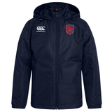 Navy blue Charlotte Cardinals Rugby Club Club Vaposhield Stadium Jacket with hood, featuring a CCC Rugby Club logo on the right chest and a red emblem on the left by EMB Canterbury.