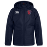 Navy blue Charlotte Cardinals Rugby Club Club Vaposhield Stadium Jacket with hood, featuring a CCC Rugby Club logo on the right chest and a red emblem on the left by EMB Canterbury.