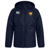 Navy blue Cincinnati Classical Academy Club Vaposhield Stadium Jacket by EMB Canterbury with hood, featuring the EMB Canterbury logo on the right chest and a red and gold emblem on the left.