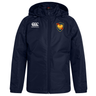Navy blue Cincinnati Classical Academy Club Vaposhield Stadium Jacket by EMB Canterbury with hood, featuring the EMB Canterbury logo on the right chest and a red and gold emblem on the left.