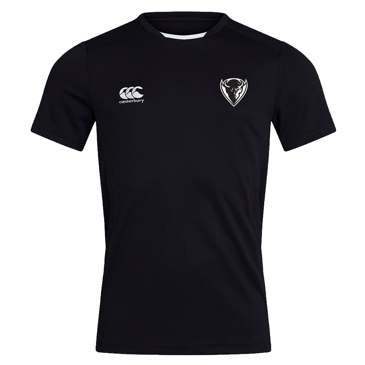 Black DePaul University Club Dry Tee by EMB Canterbury with logo on right chest and a heart-shaped emblem on left chest, featuring breathable Vapodri technology.