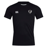 Black DePaul University Club Dry Tee by EMB Canterbury with logo on right chest and a heart-shaped emblem on left chest, featuring breathable Vapodri technology.