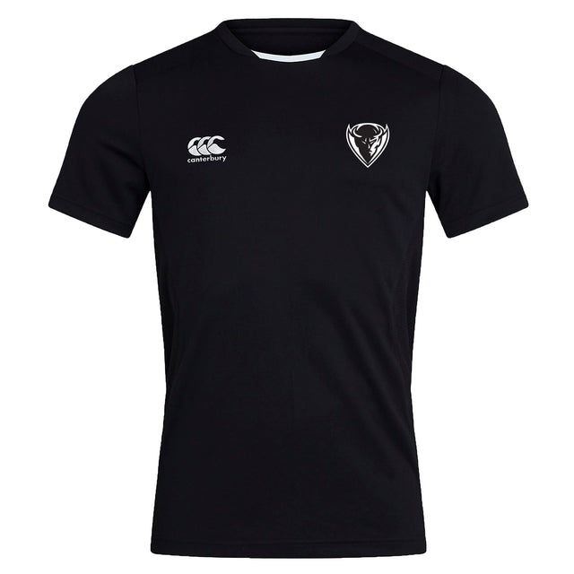 Black DePaul University Club Dry Tee by EMB Canterbury with logo on right chest and a heart-shaped emblem on left chest, featuring breathable Vapodri technology.