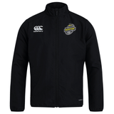 Black Boston RFC club track jacket made of lightweight polyester with a zip front, featuring a "boston" logo on the right chest and a logo on the left chest by EMB Canterbury.