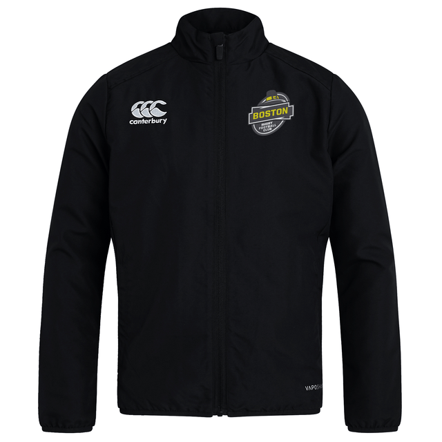 Black Boston RFC club track jacket made of lightweight polyester with a zip front, featuring a "boston" logo on the right chest and a logo on the left chest by EMB Canterbury.