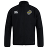 Black Boston RFC club track jacket made of lightweight polyester with a zip front, featuring a "boston" logo on the right chest and a logo on the left chest by EMB Canterbury.