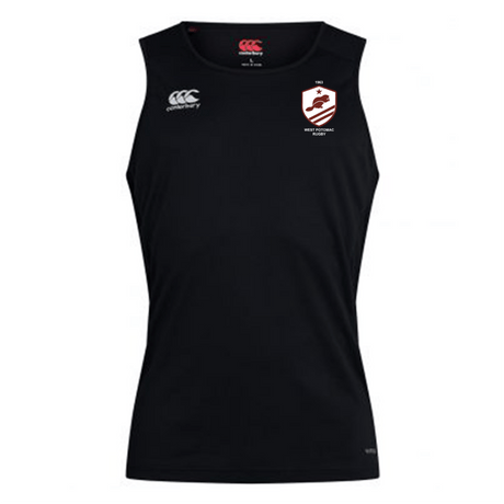 The West Potomac RFC Club Dry Singlet by EMB Canterbury is a black singlet with the Canterbury logo on the right chest and the West Potomac RFC badge on the left, featuring Vapodri Technology for optimal comfort during training.