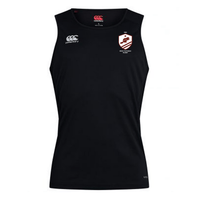 The West Potomac RFC Club Dry Singlet by EMB Canterbury is a black singlet with the Canterbury logo on the right chest and the West Potomac RFC badge on the left, featuring Vapodri Technology for optimal comfort during training.