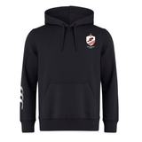 The West Potomac RFC Club Hoodie by WRS Canterbury is a black custom rugby hoodie with a small white and red crest on the left chest and a bold white graphic on the right sleeve.