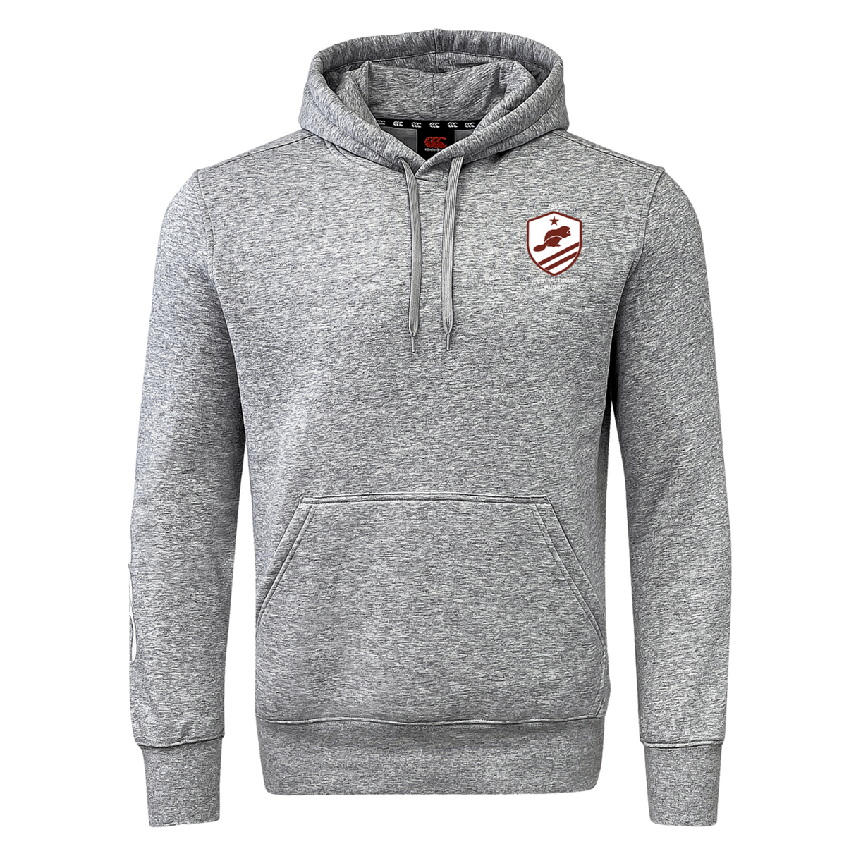 The West Potomac RFC Club Hoodie by WRS Canterbury is a gray custom rugby hoodie with a front pocket, drawstring hood, and a red-and-white crest logo—ideal for displaying your rugby club pride.