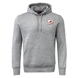 The West Potomac RFC Club Hoodie by WRS Canterbury is a gray custom rugby hoodie with a front pocket, drawstring hood, and a red-and-white crest logo—ideal for displaying your rugby club pride.