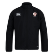 The West Potomac RFC Club Track Jacket by EMB Canterbury is black with a white logo on the right chest and a red and white shield emblem on the left. This lightweight, water-repellent jacket is shown on a plain white background.