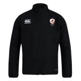 The West Potomac RFC Club Track Jacket by EMB Canterbury is black with a white logo on the right chest and a red and white shield emblem on the left. This lightweight, water-repellent jacket is shown on a plain white background.