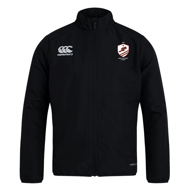 The West Potomac RFC Club Track Jacket by EMB Canterbury is black with a white logo on the right chest and a red and white shield emblem on the left. This lightweight, water-repellent jacket is shown on a plain white background.