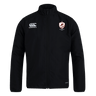 The West Potomac RFC Club Track Jacket by EMB Canterbury is black with a white logo on the right chest and a red and white shield emblem on the left. This lightweight, water-repellent jacket is shown on a plain white background.