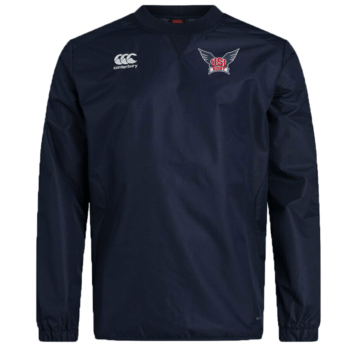 A navy blue athletic pullover with long sleeves, featuring the EMB Canterbury logo on the right chest and a red and white winged emblem on the left chest. Made from durable Micro Diamond ripstop fabric, this University of Southern Indiana Club Vaposhield Contact Top by Canterbury also boasts water repellent technology for added protection.