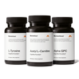 The Momentous Cognitive Power Stack includes three black bottles—L-Tyrosine, Acetyl L-Carnitine, and Alpha GPC—each with 60 capsules to support cognitive function and mental clarity in your nootropic routine.