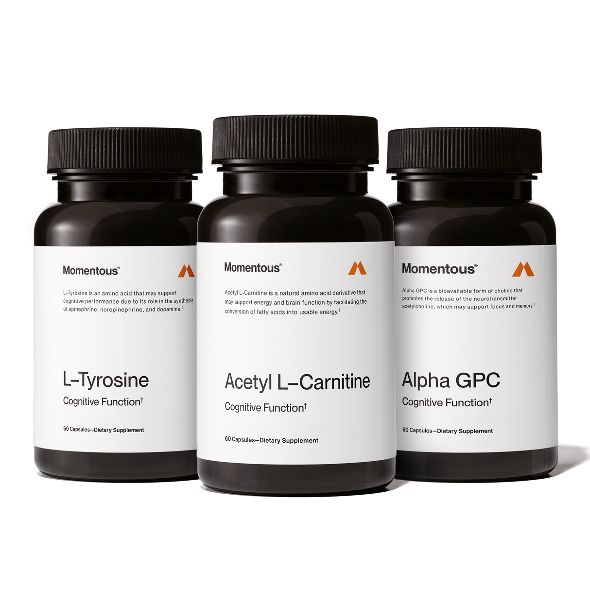 The Momentous Cognitive Power Stack includes three black bottles—L-Tyrosine, Acetyl L-Carnitine, and Alpha GPC—each with 60 capsules to support cognitive function and mental clarity in your nootropic routine.