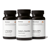 The Momentous Cognitive Power Stack includes three black bottles—L-Tyrosine, Acetyl L-Carnitine, and Alpha GPC—each with 60 capsules to support cognitive function and mental clarity in your nootropic routine.