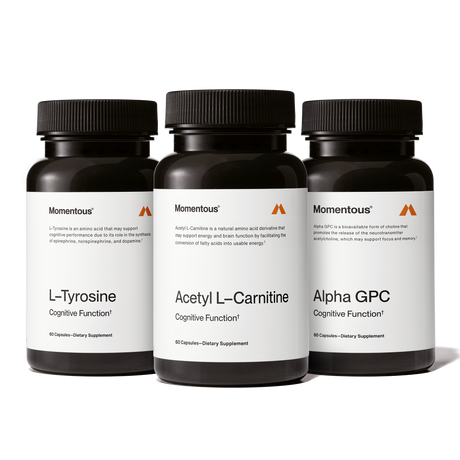 The Momentous Cognitive Power Stack includes three black bottles—L-Tyrosine, Acetyl L-Carnitine, and Alpha GPC—each with 60 capsules to support cognitive function and mental clarity in your nootropic routine.