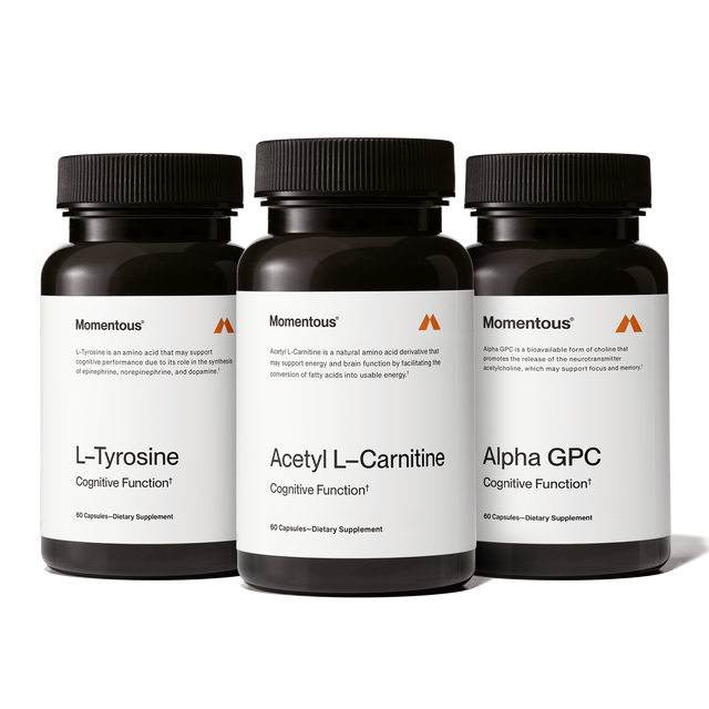 The Momentous Cognitive Power Stack includes three black bottles—L-Tyrosine, Acetyl L-Carnitine, and Alpha GPC—each with 60 capsules to support cognitive function and mental clarity in your nootropic routine.
