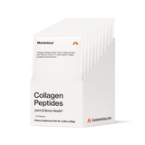 A white box labeled "Momentous Collagen Peptides 10-Travel Packs" contains individual travel packs. The packaging highlights joint and bone benefits, featuring the Momentous brand name and website information.