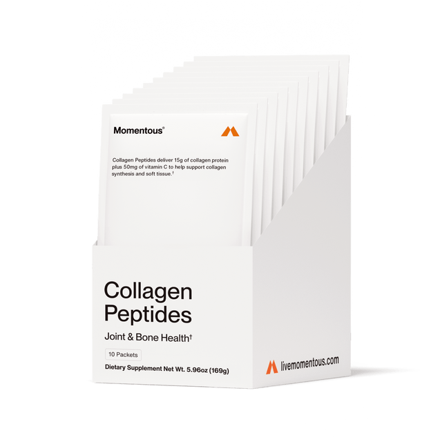 A white box labeled "Momentous Collagen Peptides 10-Travel Packs" contains individual travel packs. The packaging highlights joint and bone benefits, featuring the Momentous brand name and website information.