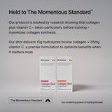 Two Momentous Collagen Shot 15-Packs are displayed on a neutral background, with text highlighting their hydrolyzed bovine collagen peptides and vitamin C to support joint health and overall wellness.