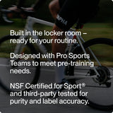 A person rides a white road bike. Text highlights Momentous Collagen Shot 15-Packs by Momentous, noting features like locker room use, pro sports design, NSF Sport certification for purity, and joint health benefits from collagen peptides.