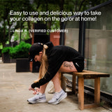 A woman in athletic wear ties her shoe on a bench outdoors. Above, a customer review praises the Momentous Collagen Shot 15-Packs for convenience and joint health support.