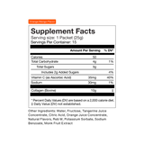 Supplement facts label for the Momentous Collagen Shot 15-Packs by Momentous, orange mango flavor, showing nutrition info per 25g packet and listing ingredients like hydrolyzed bovine collagen peptides to support joint health at the bottom.