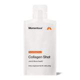 A white pouch labeled "Momentous Collagen Shot 15-Packs" by Momentous in orange mango flavor with hydrolyzed bovine collagen peptides for joint and bone support. Net weight: 0.88 oz (25g).