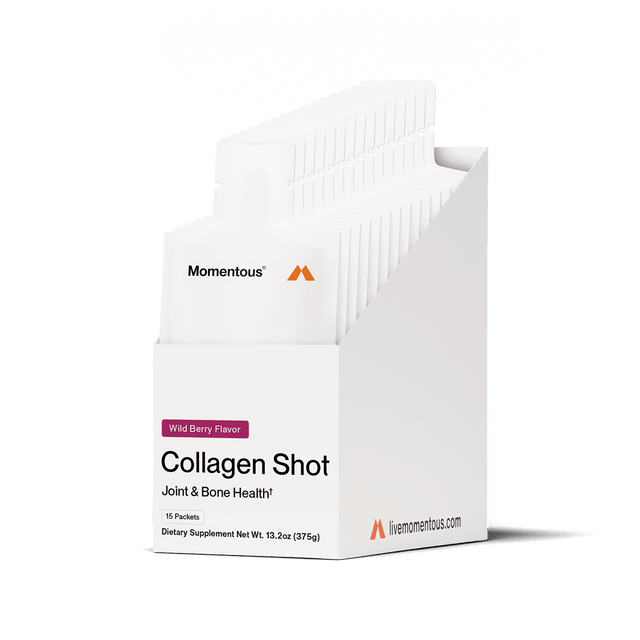 Momentous Collagen Shot 15-Packs by Momentous offers wild berry flavored hydrolyzed bovine collagen peptides for joint and bone support, with 15 dietary supplement packets per box.