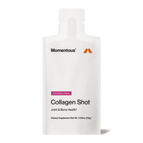 A white pouch labeled "Momentous Collagen Shot 15-Packs" wild berry flavor, by Momentous, contains hydrolyzed bovine collagen peptides for joint and bone health; dietary supplement 0.88 oz (25g).