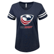The WRS LAT Women's USA Rugby Vintage V-Neck Tee in navy blue features the USA Rugby logo with a bold eagle. Ideal for Eagles fans, it includes classic white sleeve stripes.