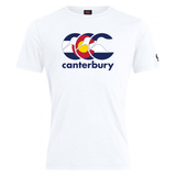 The Canterbury Colorado CCC Flag Club T-shirt by WRS Canterbury features a white tee with a stylized mountain and Colorado flag graphic, plus "canterbury" in blue letters below.