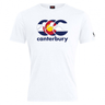 The Canterbury Colorado CCC Flag Club T-shirt by WRS Canterbury features a white tee with a stylized mountain and Colorado flag graphic, plus "canterbury" in blue letters below.